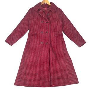 Vintage 60's Harris Tweed Wool Coat‎ Womens Medium Red Houndstooth Long Jacket